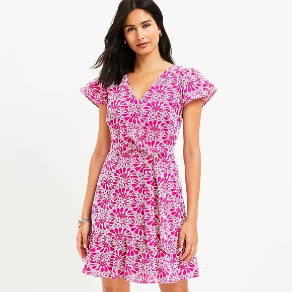 Loft Eyelet Embroidered Belted Flutter Sleeve Swing Dress NEW - Picture 1 of 8